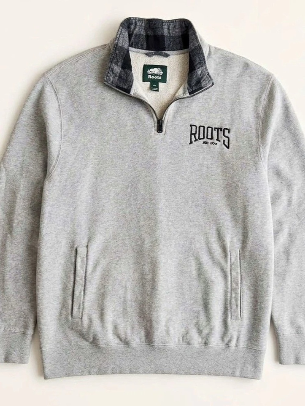 Roots Men's Plaid Collar Quarter-Zip Size Large - Like New